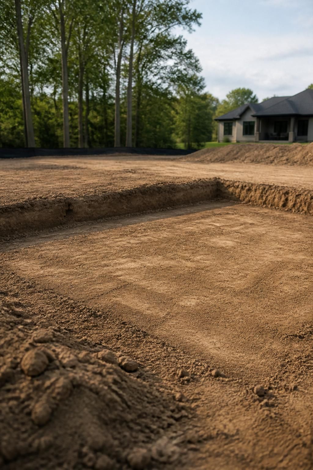 Freshly graded lot prepared for new construction.